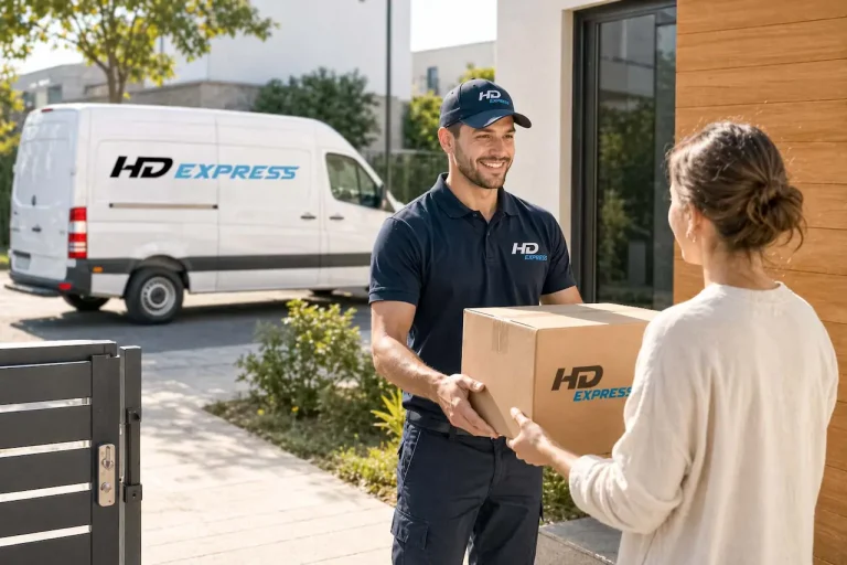 Livreur HD Express remettant un colis à une cliente - transports de colis pour particuliers à Pontarlier