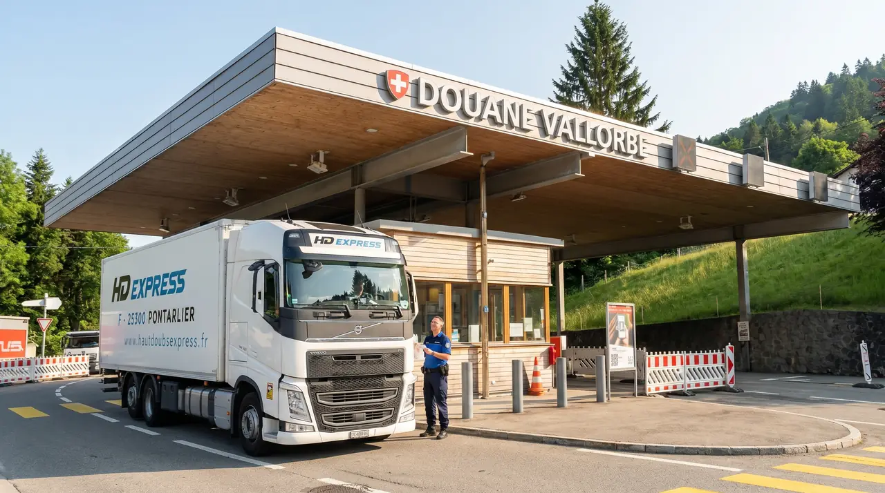 Transport France Suisse avec camion HD Express à la douane de Vallorbe